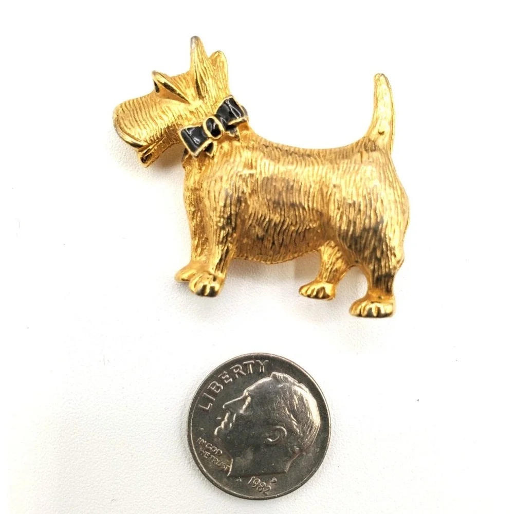 Vintage Scottish Terrier Black Enamel Bow Brooch Pin Gold Tone